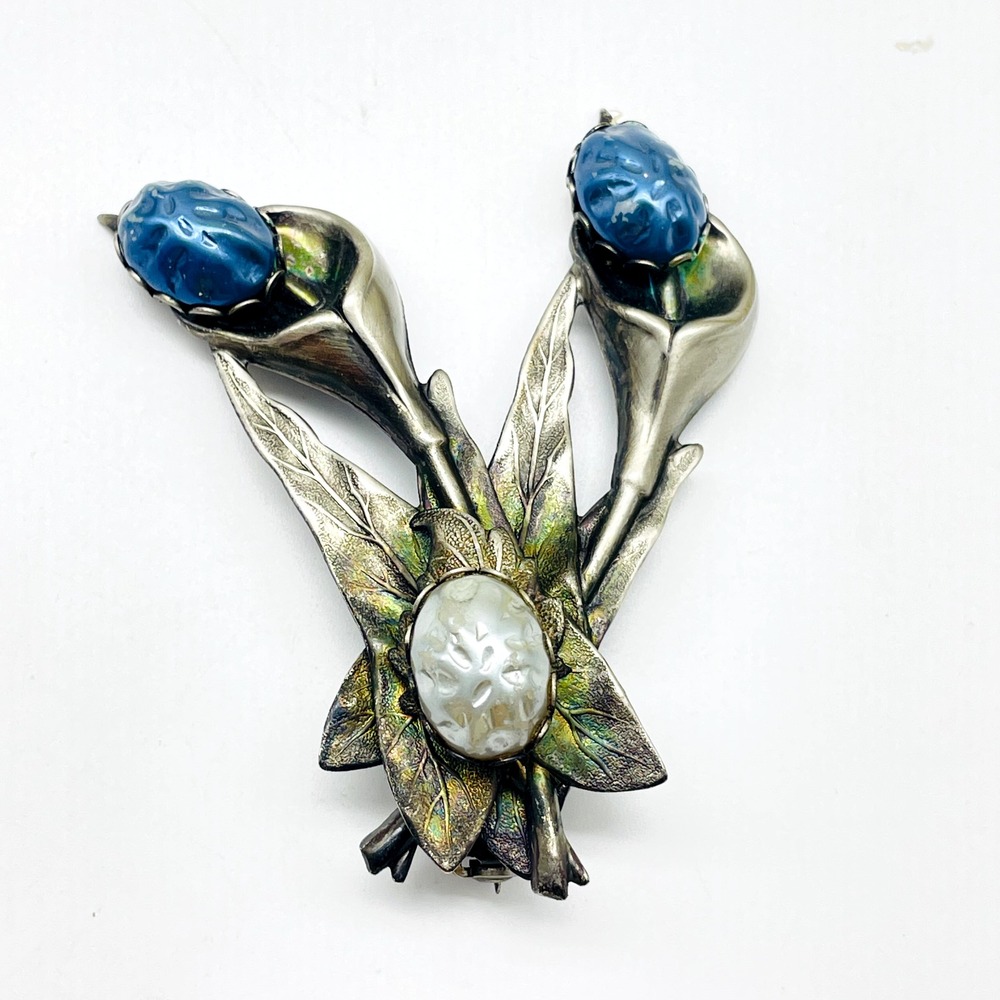 Vintage Blue Floral Brooch Silver Tone Double Flower Bud Botanical Pin